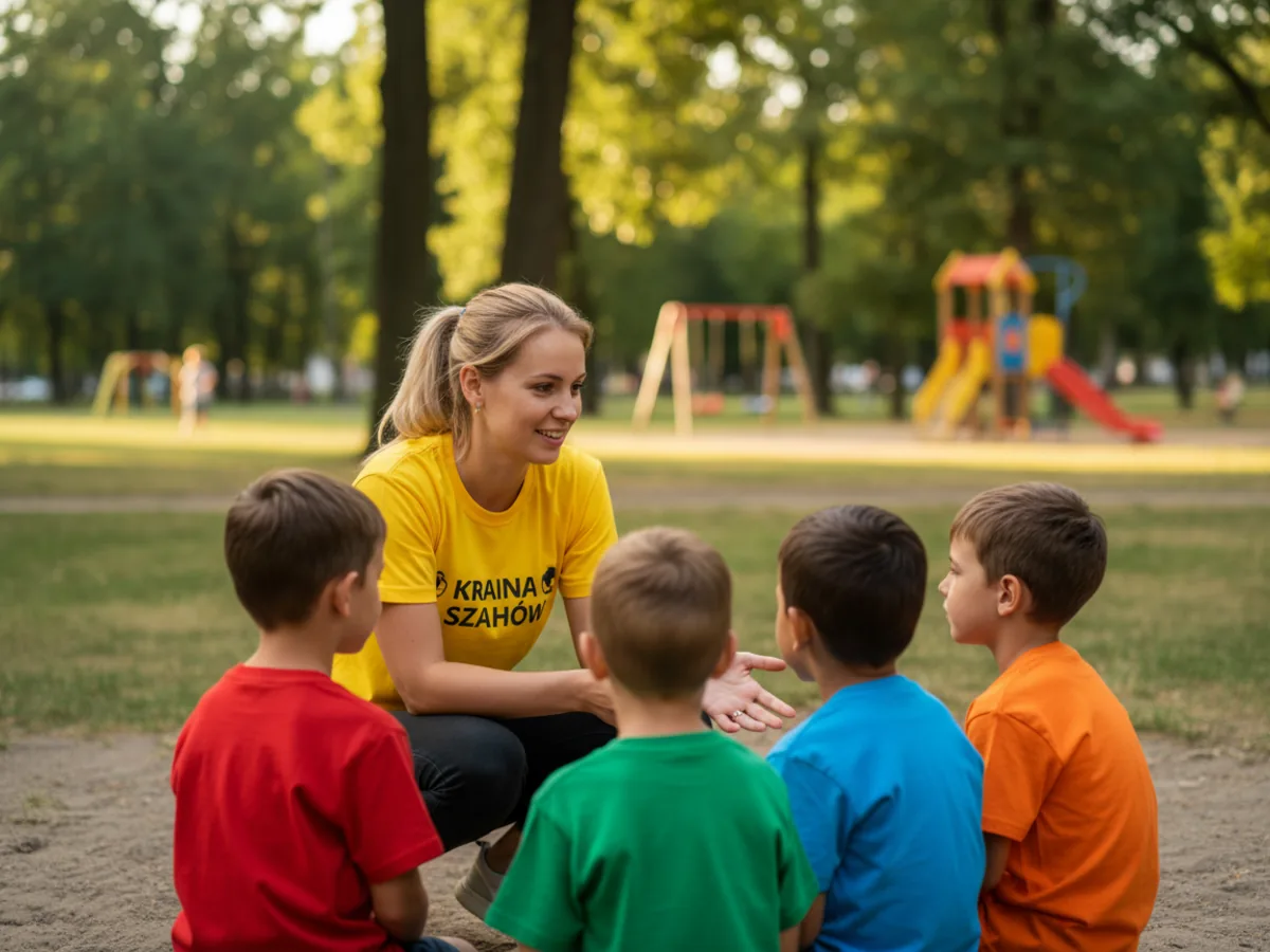 Opiekunka Krainy Szachów z grupą dzieci w parku