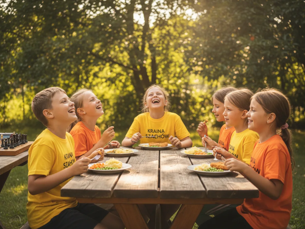 Dzieci jedzące obiad przy wspólnym stole na wakacjach