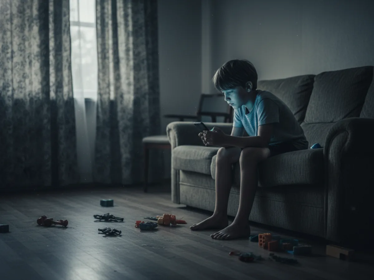 Dziecko samotnie spędzające czas przed ekranem telefonu