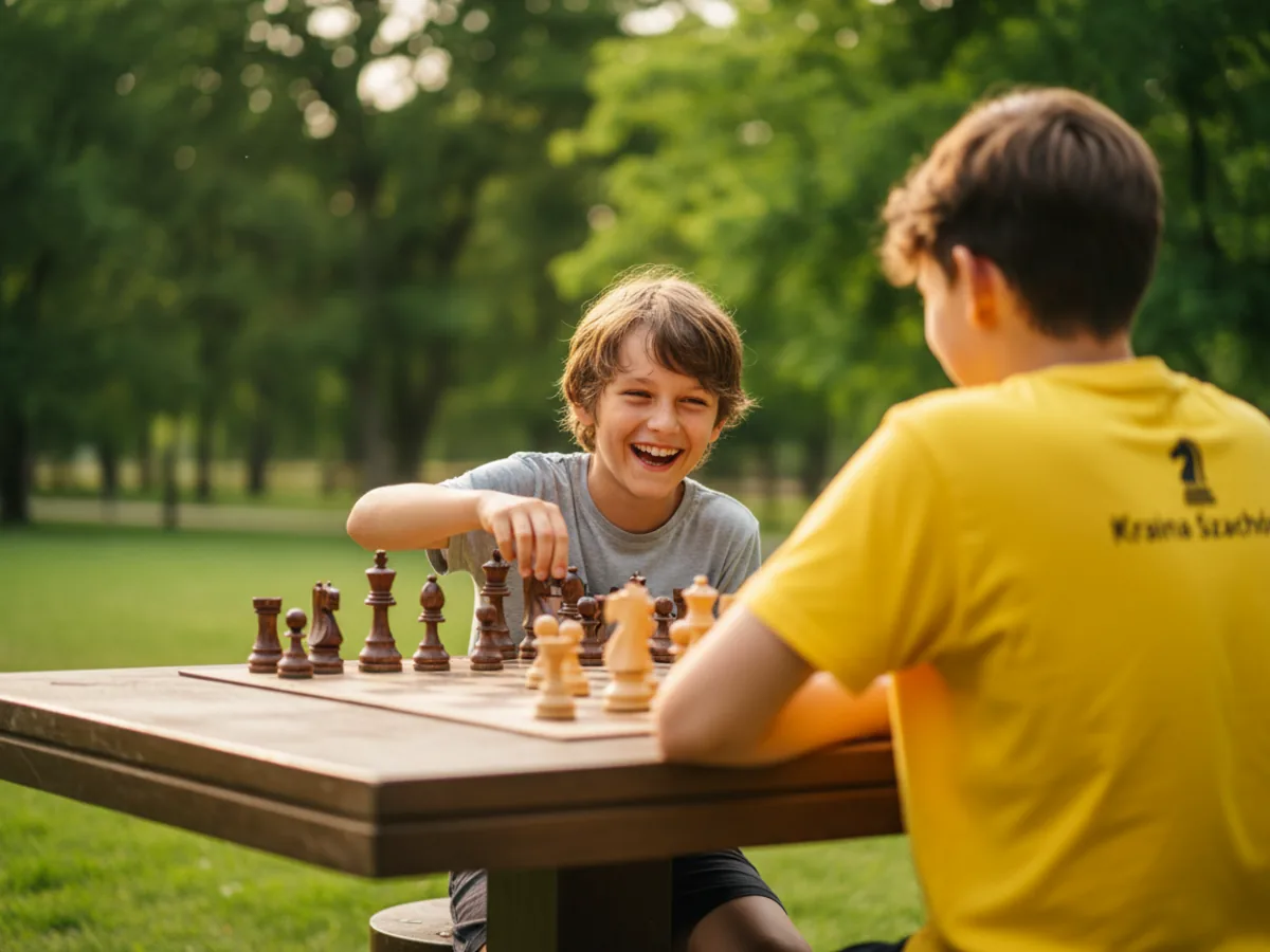 Dziecko grające w szachy na świeżym powietrzu w letnim parku